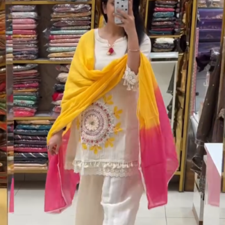 White Embroidered Suit Set with Yellow Dupatta