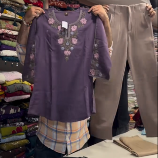 Purple Embroidered Kurti with Beige Straight Pants