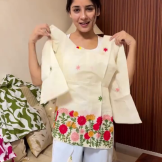 Cream Floral Embroidered Kurti Set