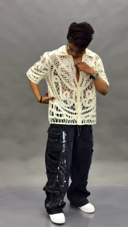 Men's Off-White Crochet Mesh Shirt