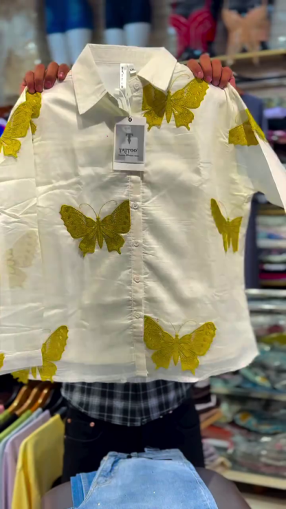 White Shirt with Golden Butterfly Print