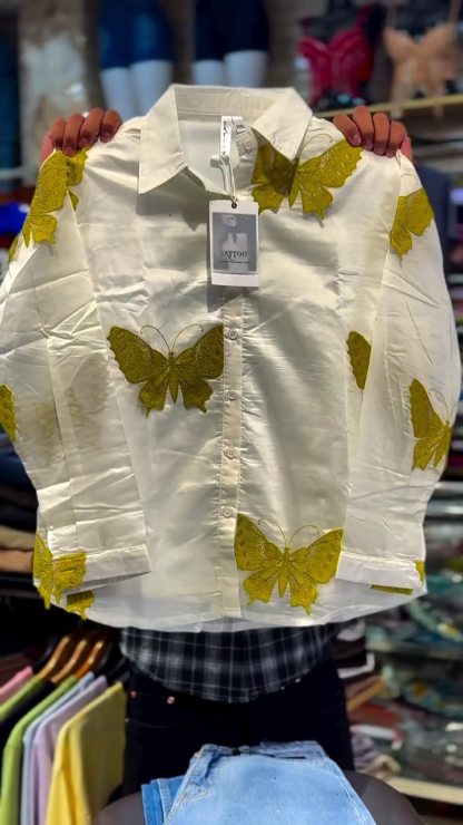White Shirt with Golden Butterfly Print
