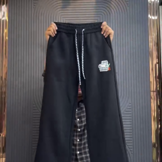 Black Wide-Leg Pants with Check Detailing