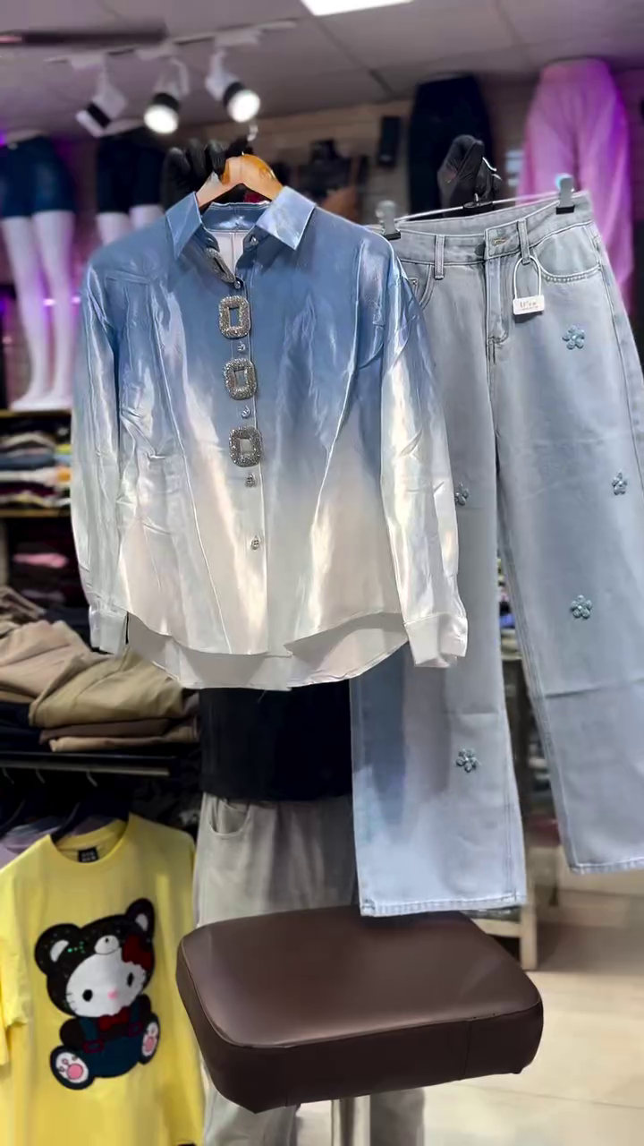Satin Shirt and Embellished Denim Co-ord Set