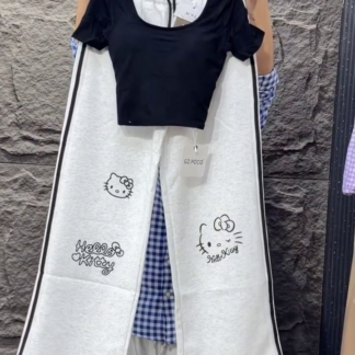 Black Crop Top and Cartoon Print Lounge Pants Set