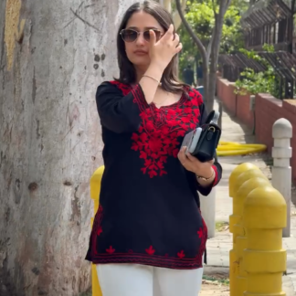 Black Kurti with Red Embroidery, Three-Quarter Sleeve