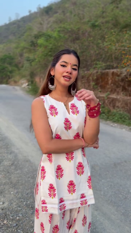 White and Pink Printed Kurti Set