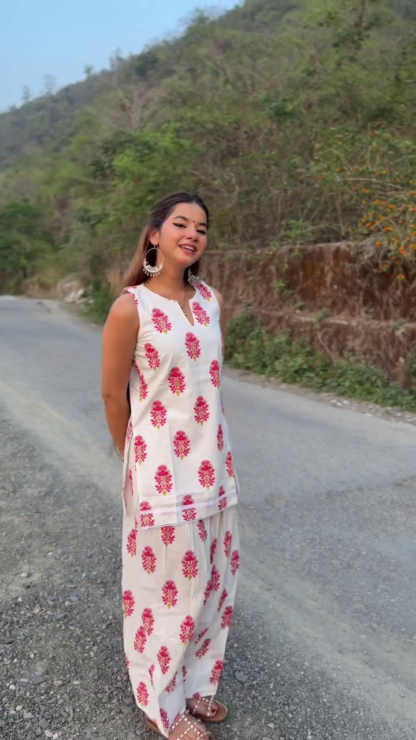 White and Pink Printed Kurti Set