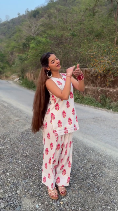White and Pink Printed Kurti Set