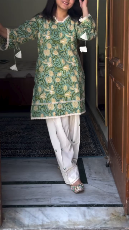 Green Floral Kurti with Off-White Pants Set