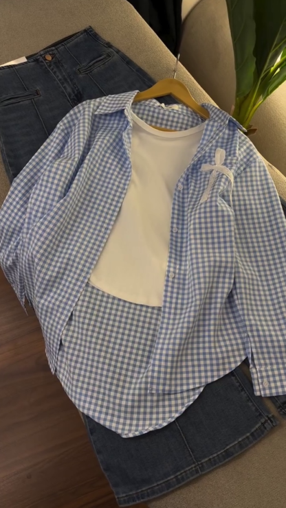 Blue Check Shirt and Denim Skirt Set