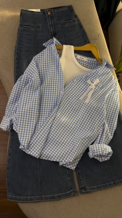 Blue Check Shirt and Denim Skirt Set