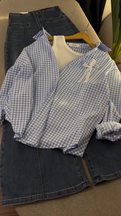 Blue Check Shirt and Denim Skirt Set