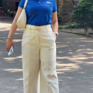 Blue Polo and Cream Belted Wide-Leg Pants Combo