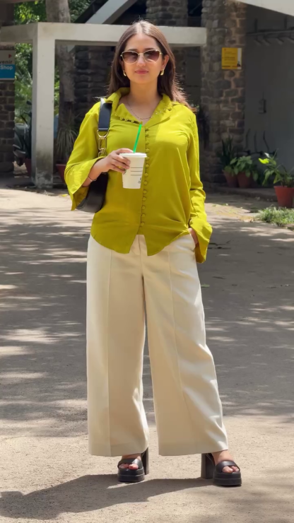 Blue Polo and Cream Belted Wide-Leg Pants Combo