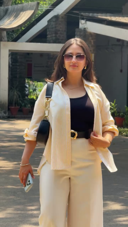 Blue Polo and Cream Belted Wide-Leg Pants Combo
