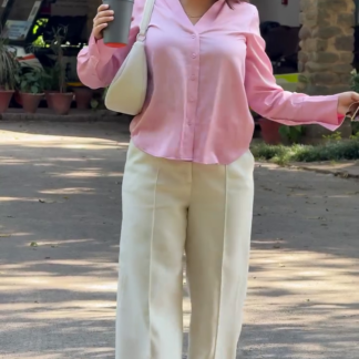 Blue Polo and Cream Belted Wide-Leg Pants Combo