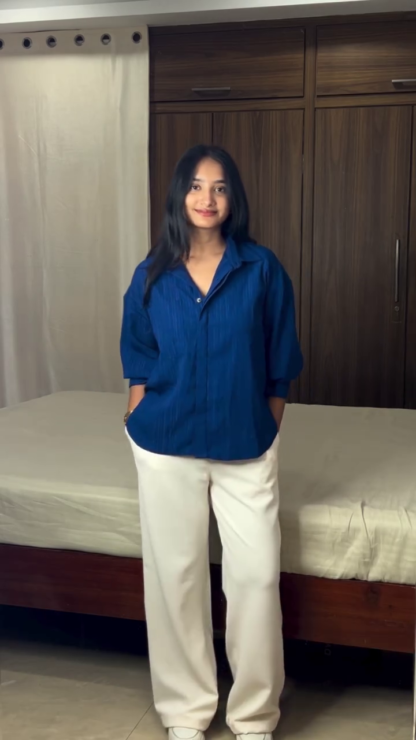 Navy Shirt and Cream Wide-Leg Pants Outfit