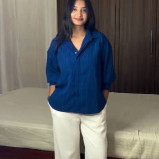 Navy Shirt and Cream Wide-Leg Pants Outfit