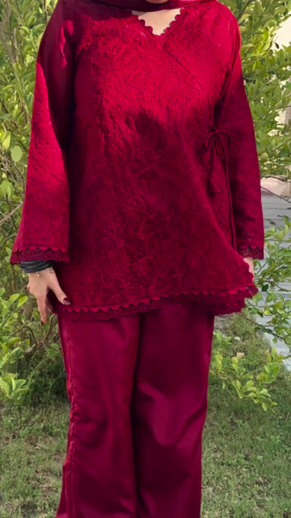 Red Embroidered Kurta Set with Straight Pants