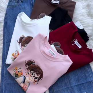 Women's Embroidered Cotton T-Shirt with Cartoon Girl