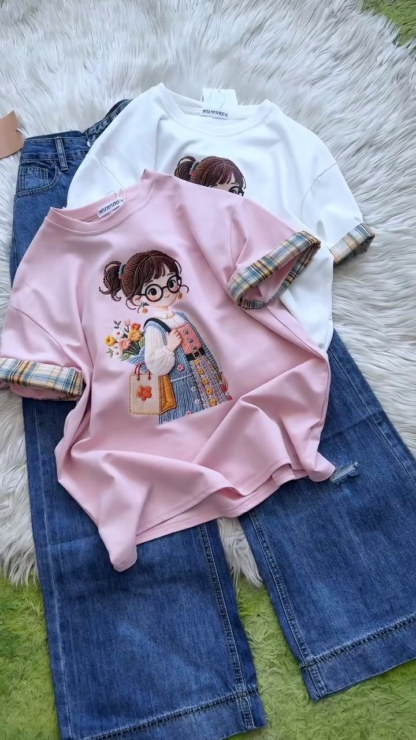 Women's Embroidered Cotton T-Shirt with Cartoon Girl