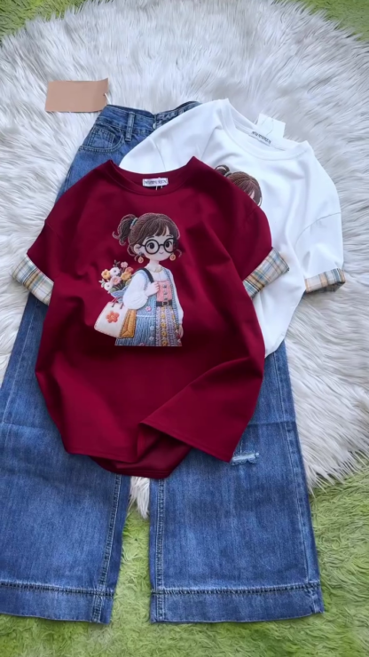 Women's Embroidered Cotton T-Shirt with Cartoon Girl