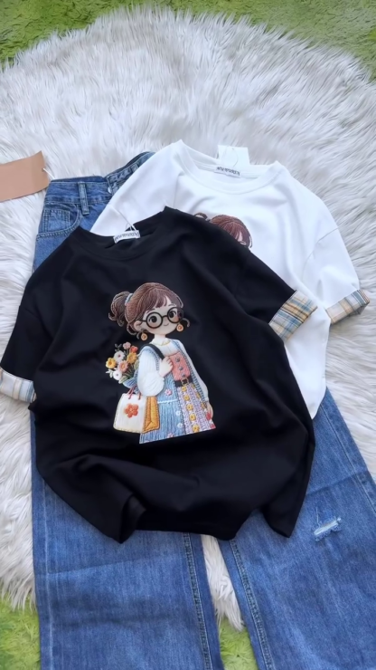 Women's Embroidered Cotton T-Shirt with Cartoon Girl