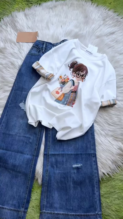 Women's Embroidered Cotton T-Shirt with Cartoon Girl