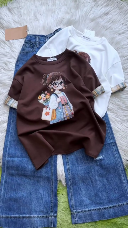 Women's Embroidered Cotton T-Shirt with Cartoon Girl