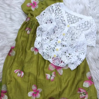 Floral Embroidered Strap Midi Dress with Crochet Cardigan