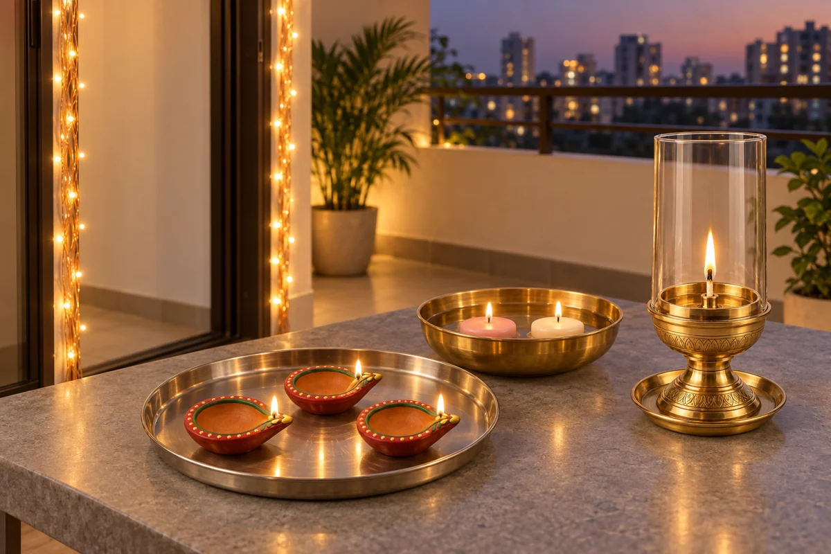 Sheltered balcony styled with three painted diyas and two floating candles from larger sets, copper-wire lights and a glass-covered brass diya.