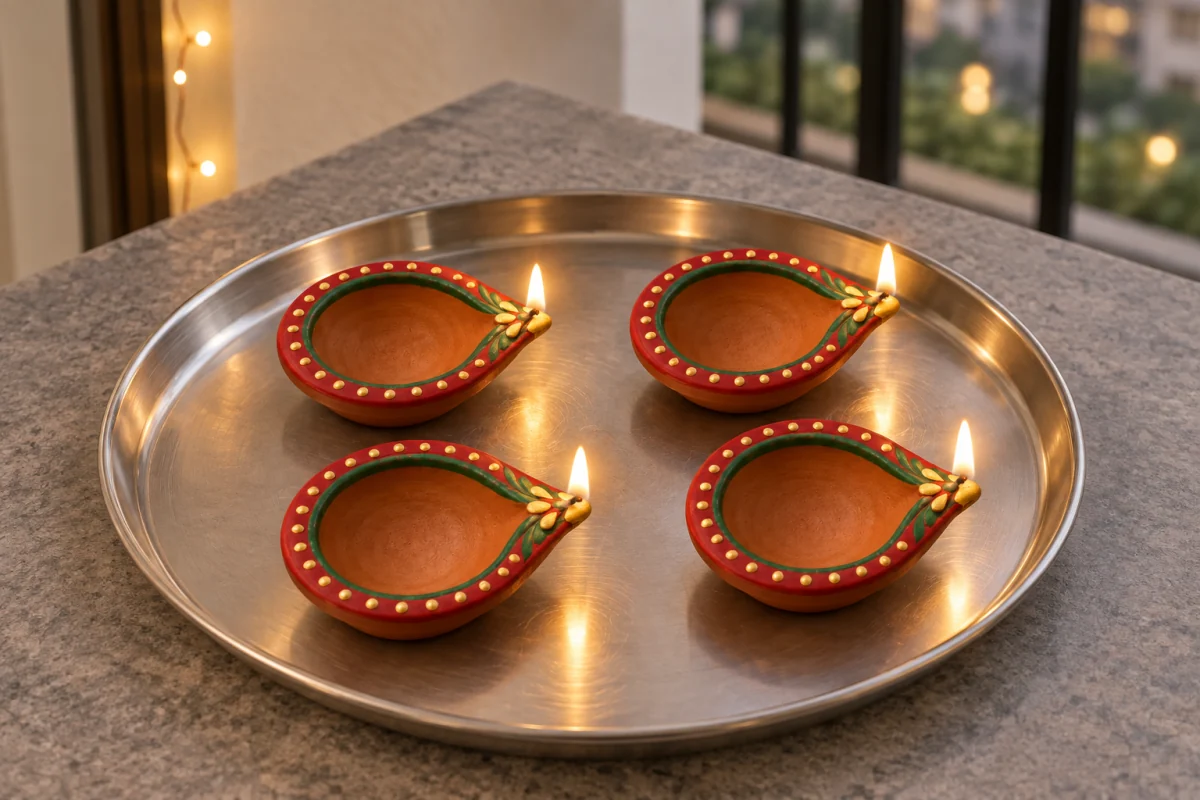 Four diyas from the painted clay set on a steel tray on a stone balcony table, with warm lights behind.