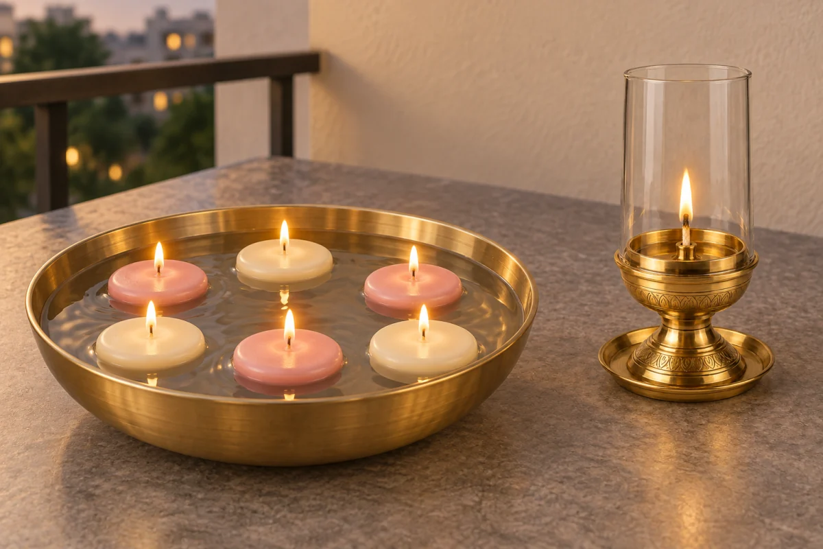 Six floating candles, three pink and three ivory, in a water bowl beside a glass-covered brass diya on a stone table.