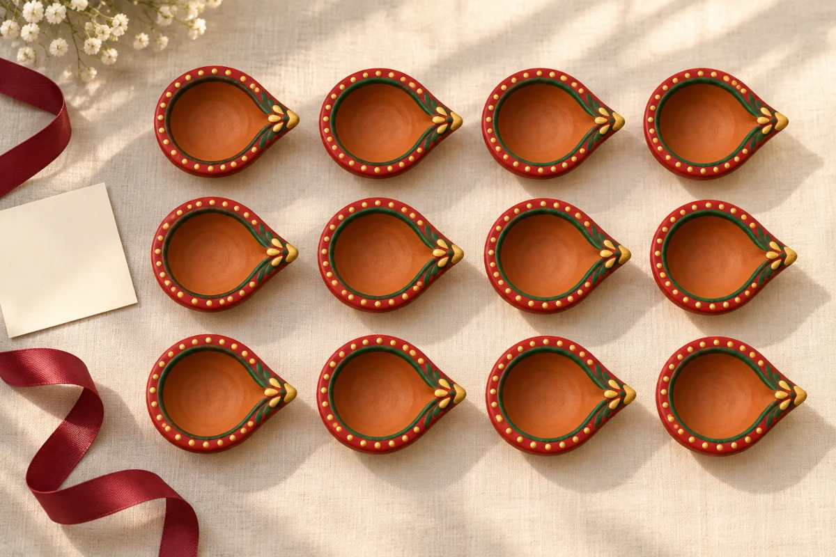 Twelve red, green and gold painted clay diyas arranged beside a blank gift card.