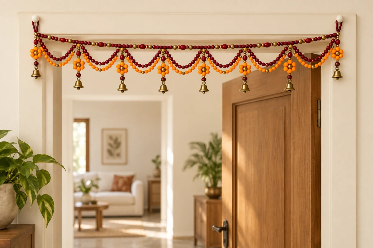 Burgundy and orange beaded toran with eight brass bells hanging across an ivory doorway.