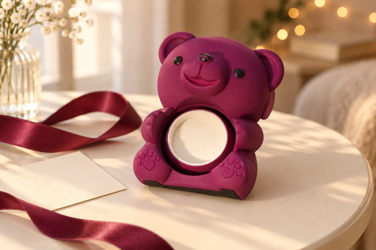 Burgundy bear-shaped jewellery gift box with an open, empty round compartment on a cream table.