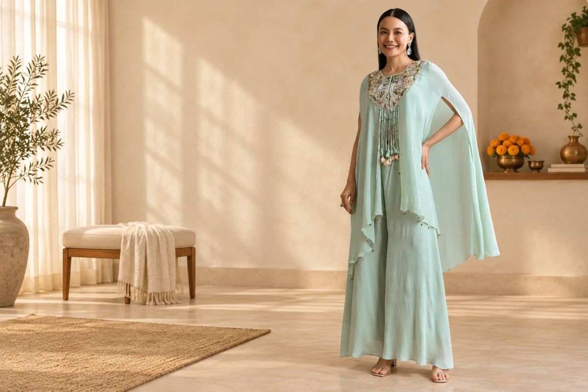 Pale mint embellished outfit with wide-leg trousers in a softly lit room.