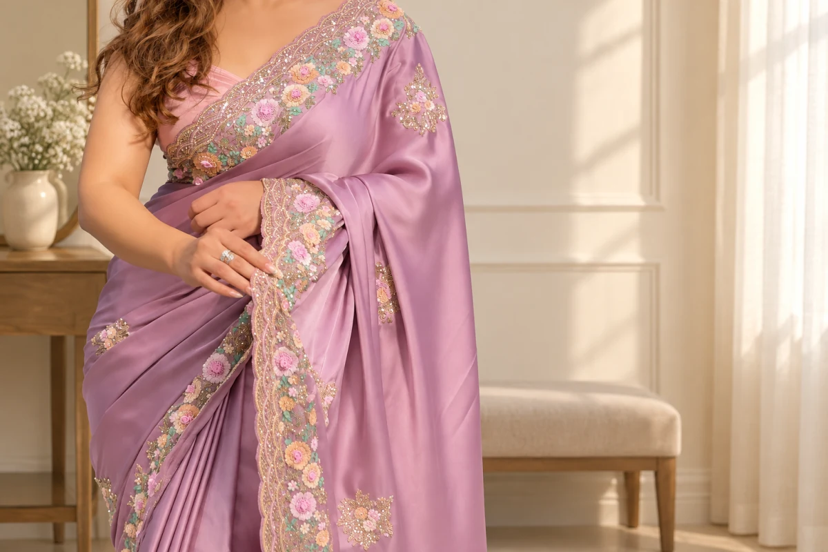 Dusty pink saree with a multicolour floral border and softly draped pleats.