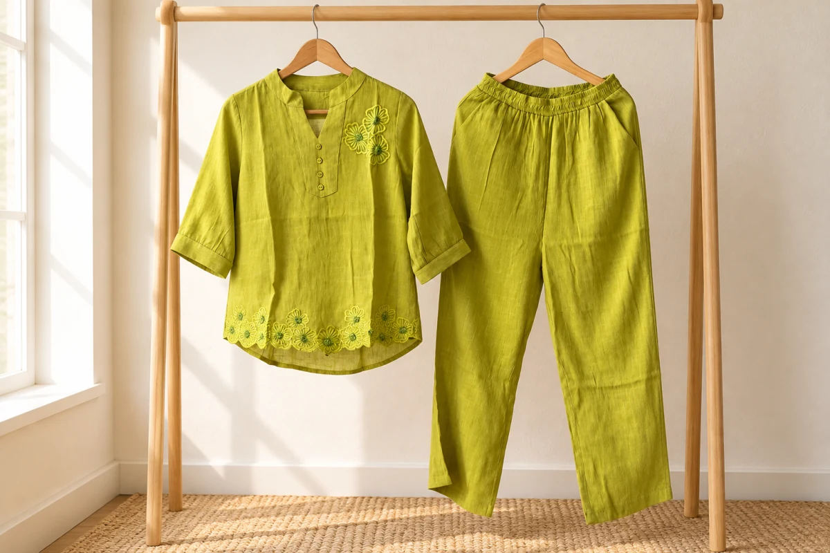 Lime-green embroidered top and matching trousers displayed on wooden hangers.