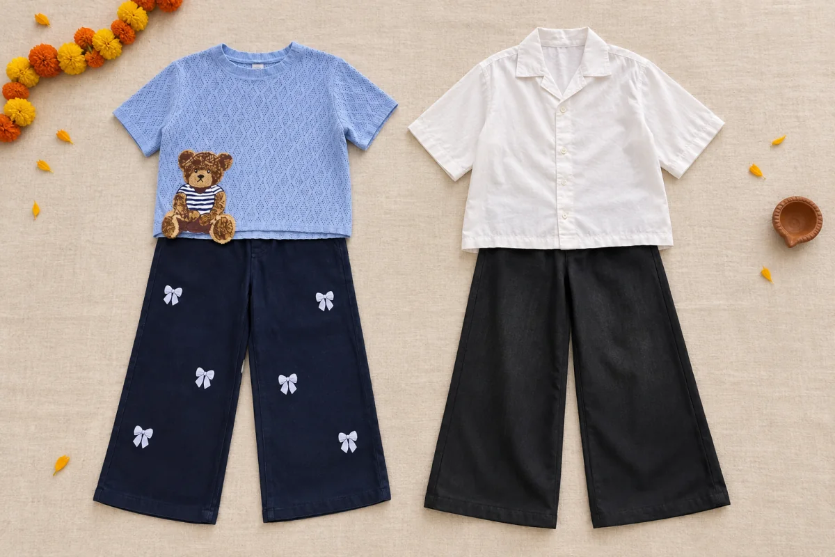 Light blue teddy-appliqué top with navy bow trousers beside a white boys’ shirt and black wide-leg trousers.