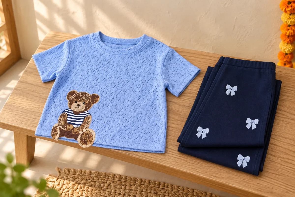 Light blue openwork teddy-appliqué top and folded navy bow trousers on a wooden bench.
