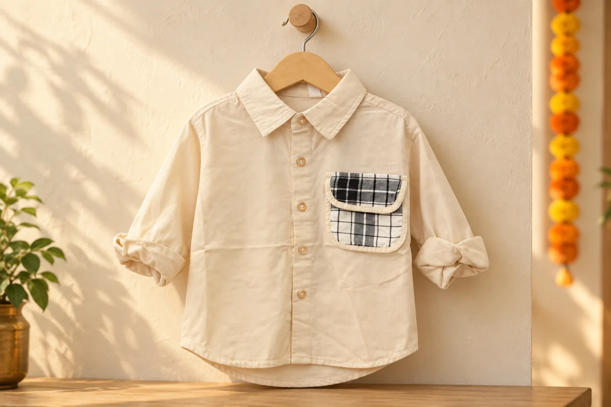 Cream boys’ shirt with rolled sleeves and a black-and-white checked chest pocket on a wooden hanger.