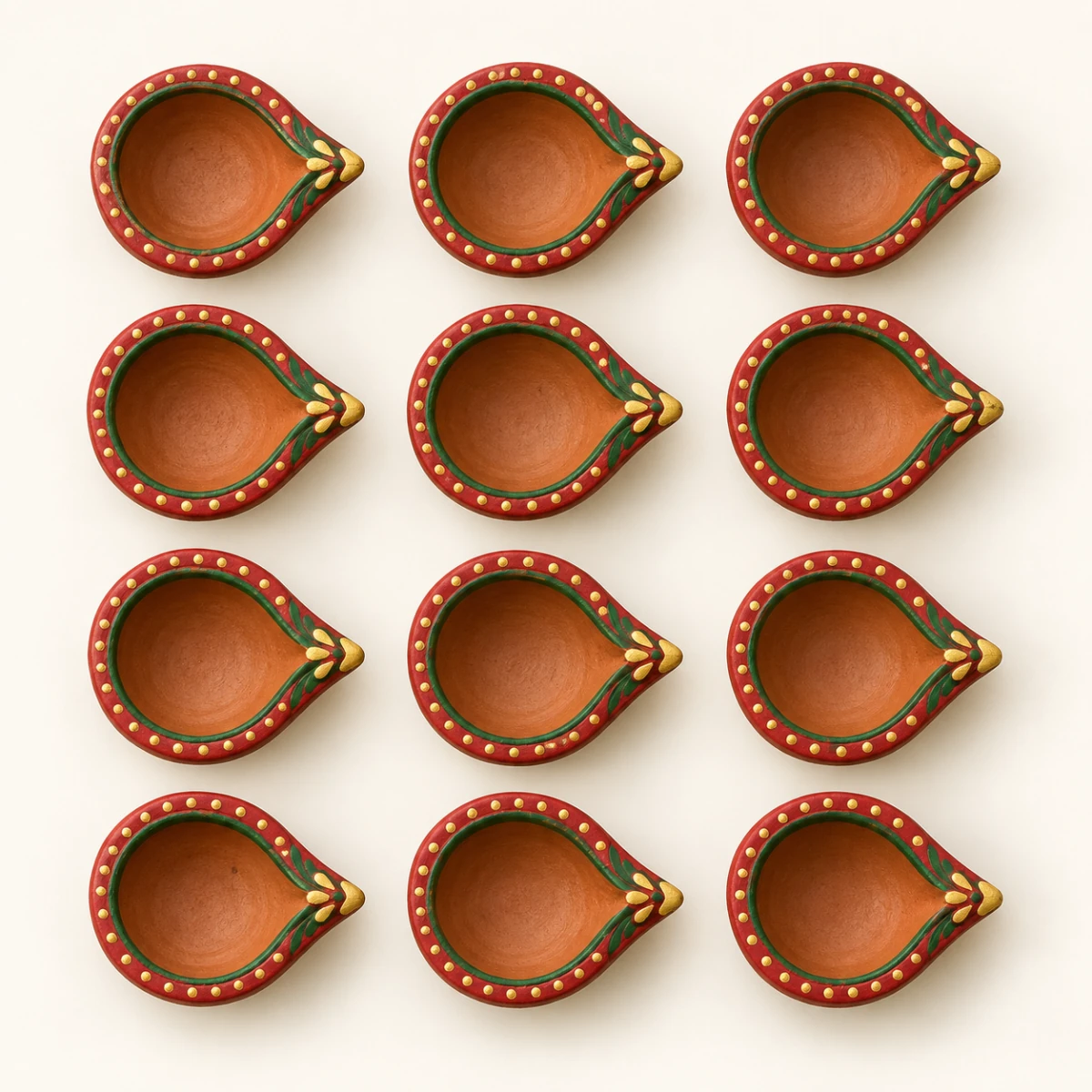 Twelve red, gold and green clay diyas arranged in a grid