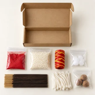 Puja kit with roli, ritual rice, kalawa thread, camphor, incense sticks, cotton wicks and supari