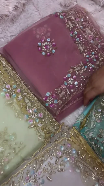Organza Silk Saree with Hand Embroidery, Assorted Colours