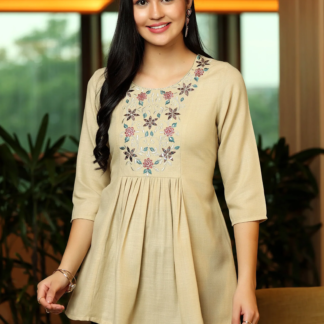 Beige A-Line Cotton Kurti with Embellished Yoke and Hem