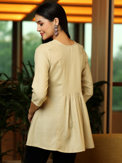 Beige Cotton-Blend A-Line Kurti with Detailed Yoke