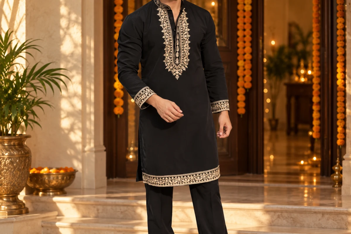 Black kurta with gold embroidery styled with black trousers in a festive home.