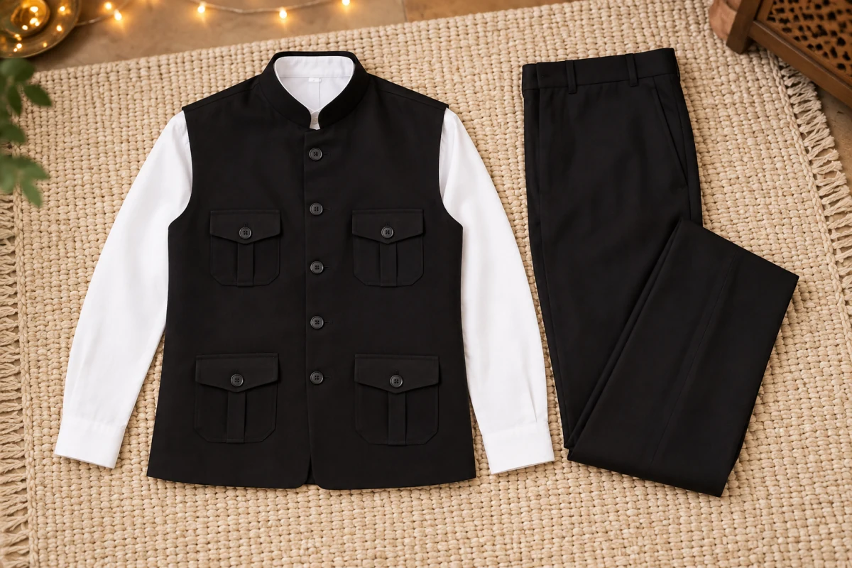Black stand-collar jacket with four flap pockets, white shirt and matching trousers laid out on an ivory rug.